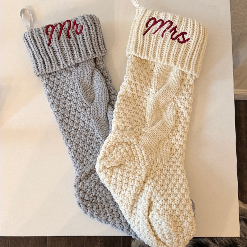 Mr. & Mrs. Gray and Cream Knit Christmas Stockings